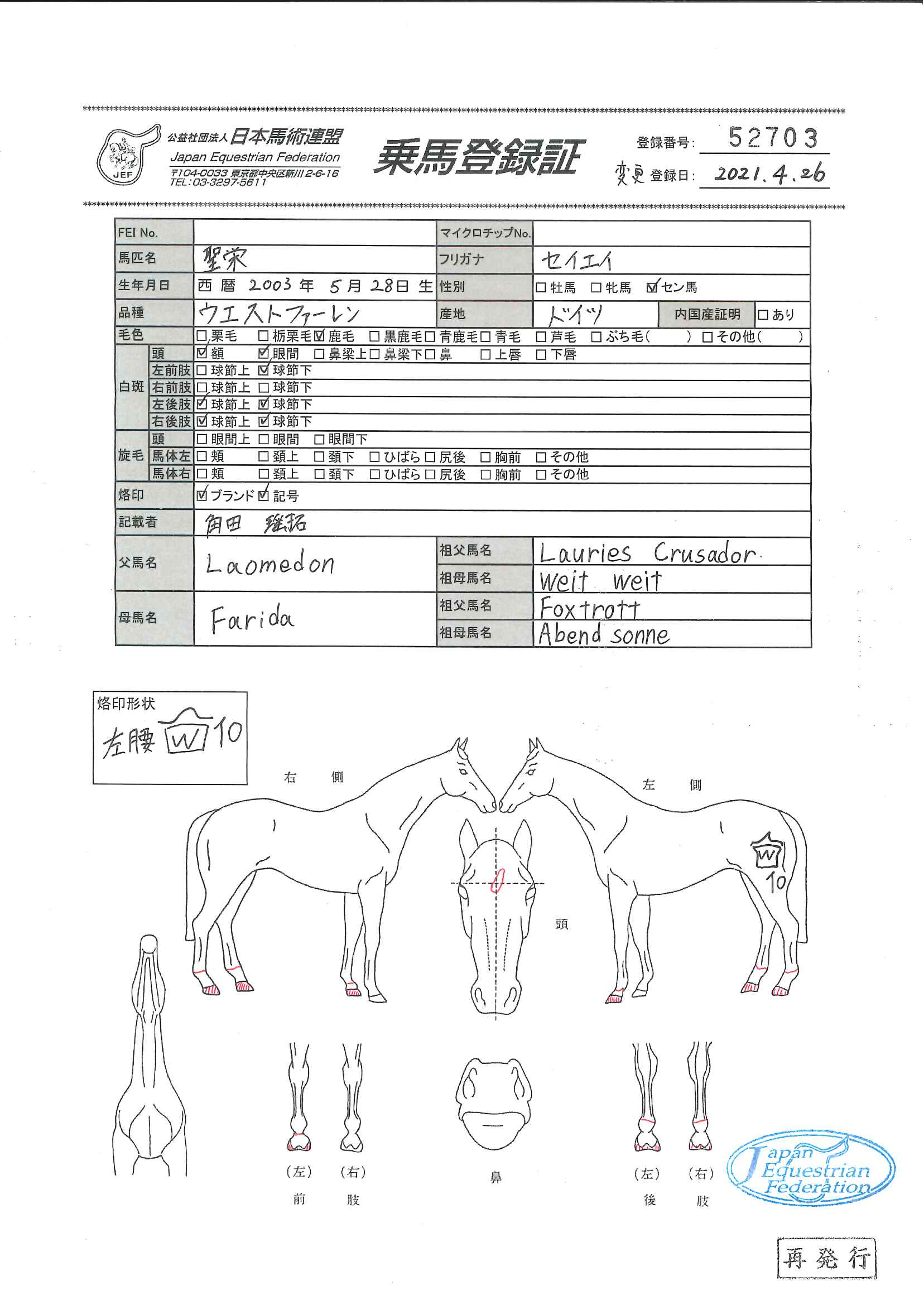 乗馬登録証