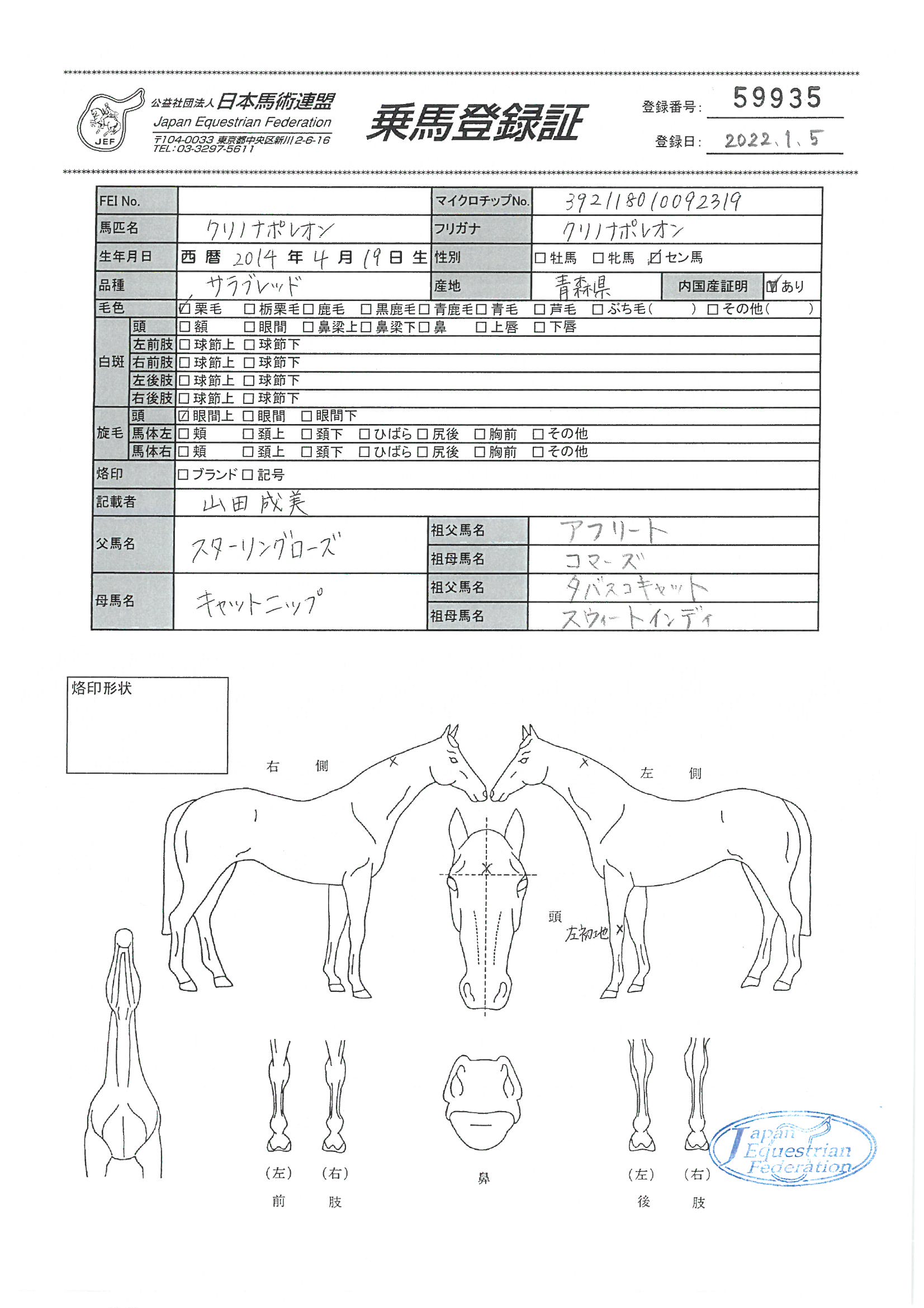 乗馬登録証